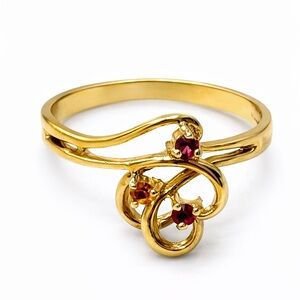 Vintage yellow gold tone open swirl ring 3 round-cut stones 6.5 Y2K